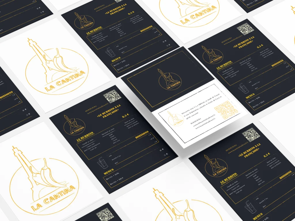 Flyers, Carte de visite et logos étalés sur une table