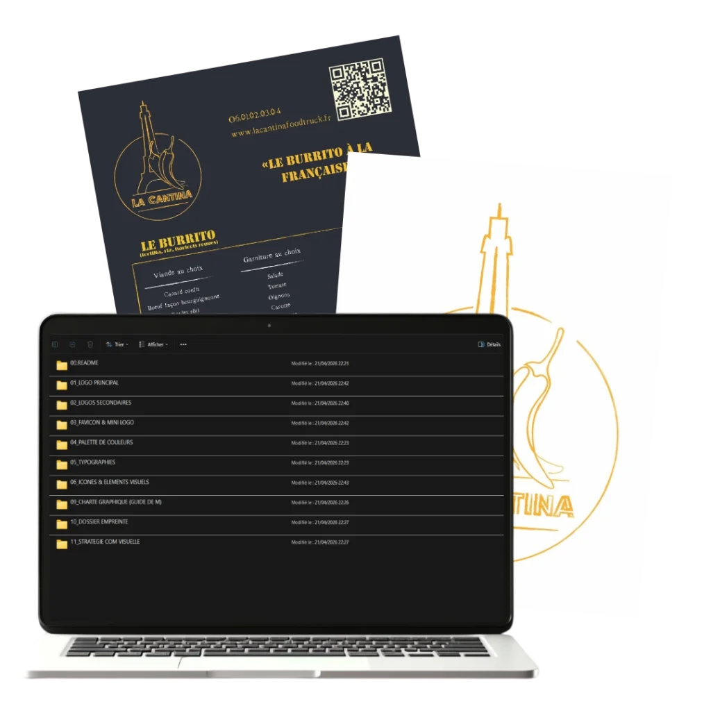 Ordinateur avec Dossiers de fichiersexploitabes d'identité visuelle devant deux flyers